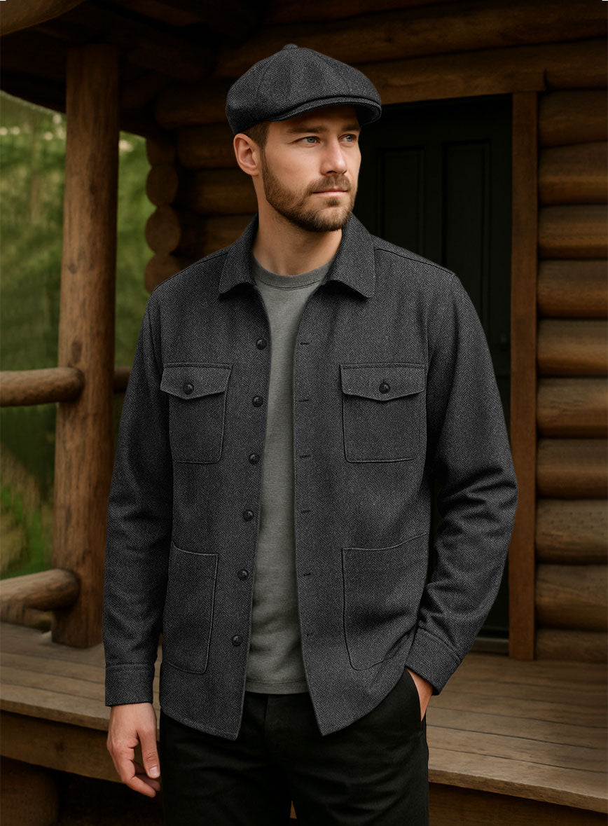 Charcoal Herringbone Tweed Overshirt - StudioSuits