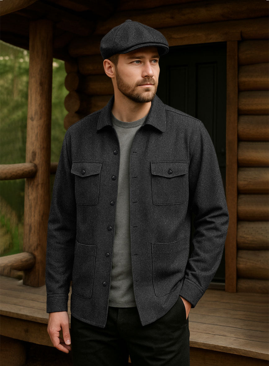 Charcoal Herringbone Tweed Overshirt - StudioSuits