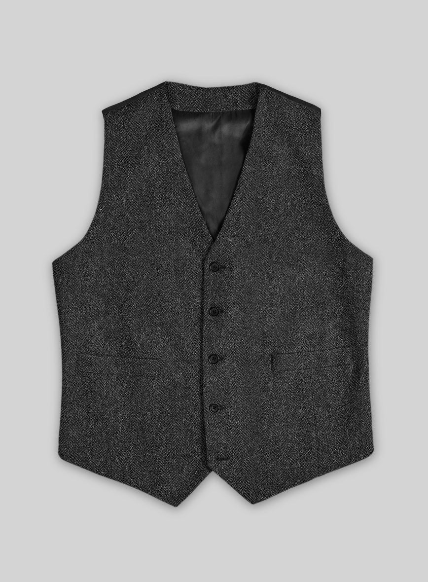 Charcoal Herringbone Tweed Waist Coat - StudioSuits