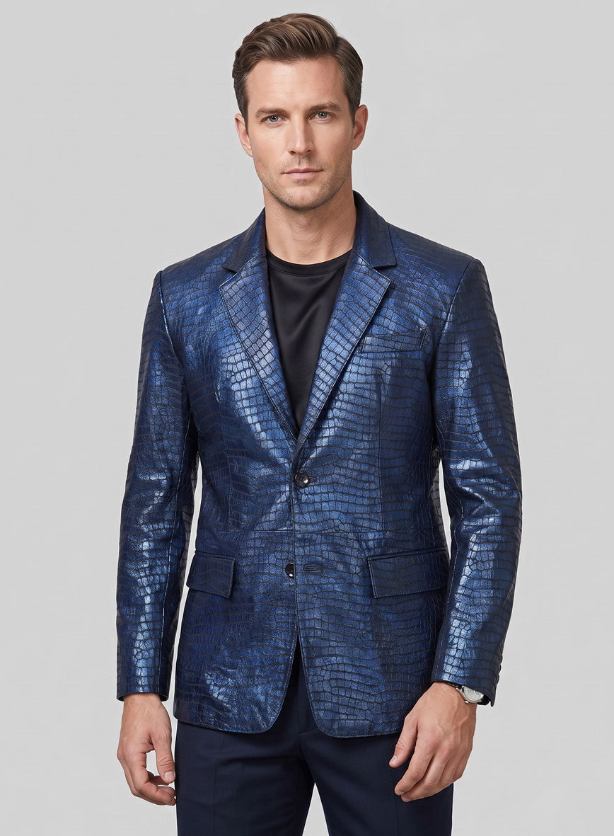 Croc Metallic Blue Leather Blazer - StudioSuits