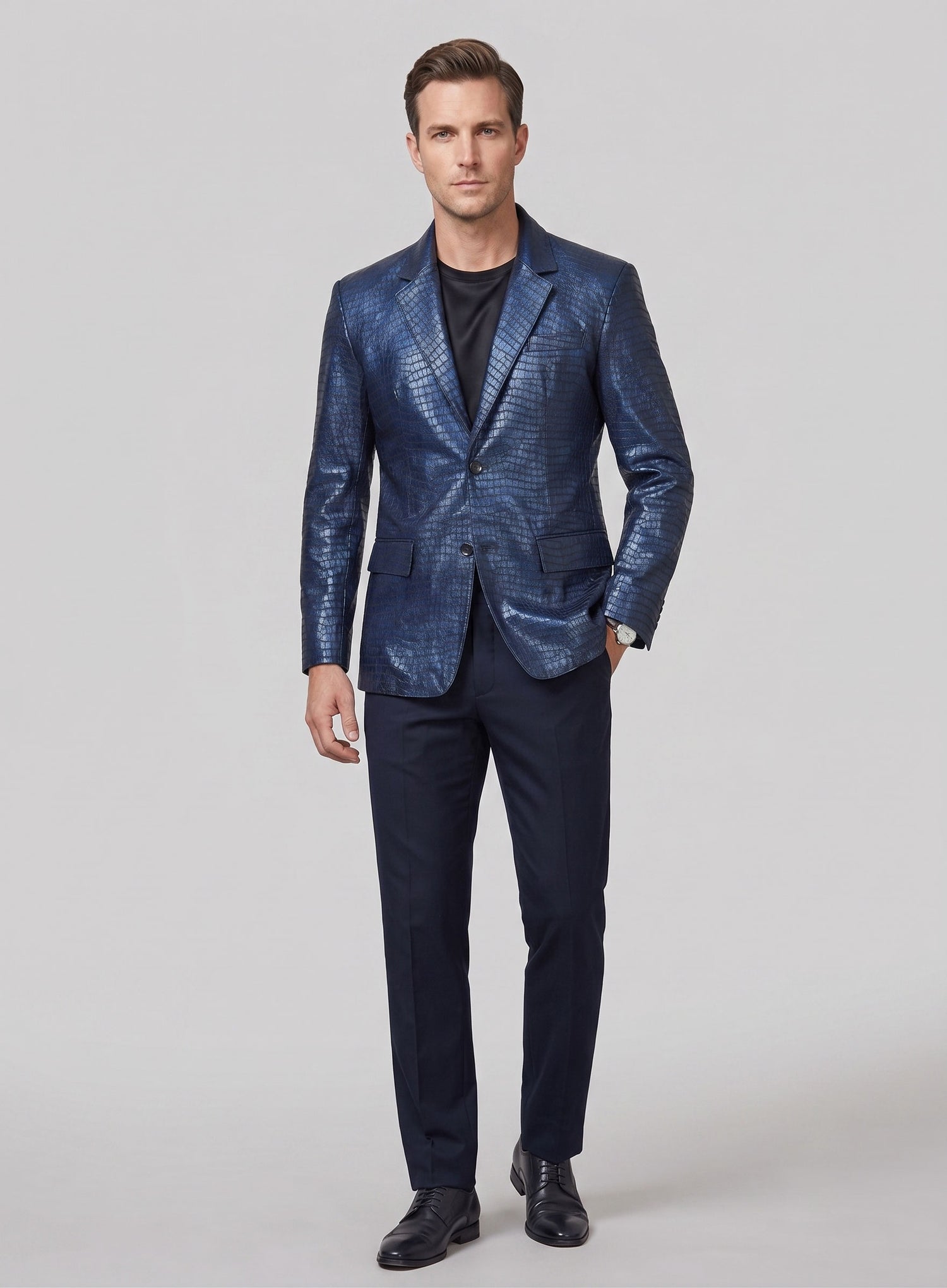 Croc Metallic Blue Leather Blazer - StudioSuits