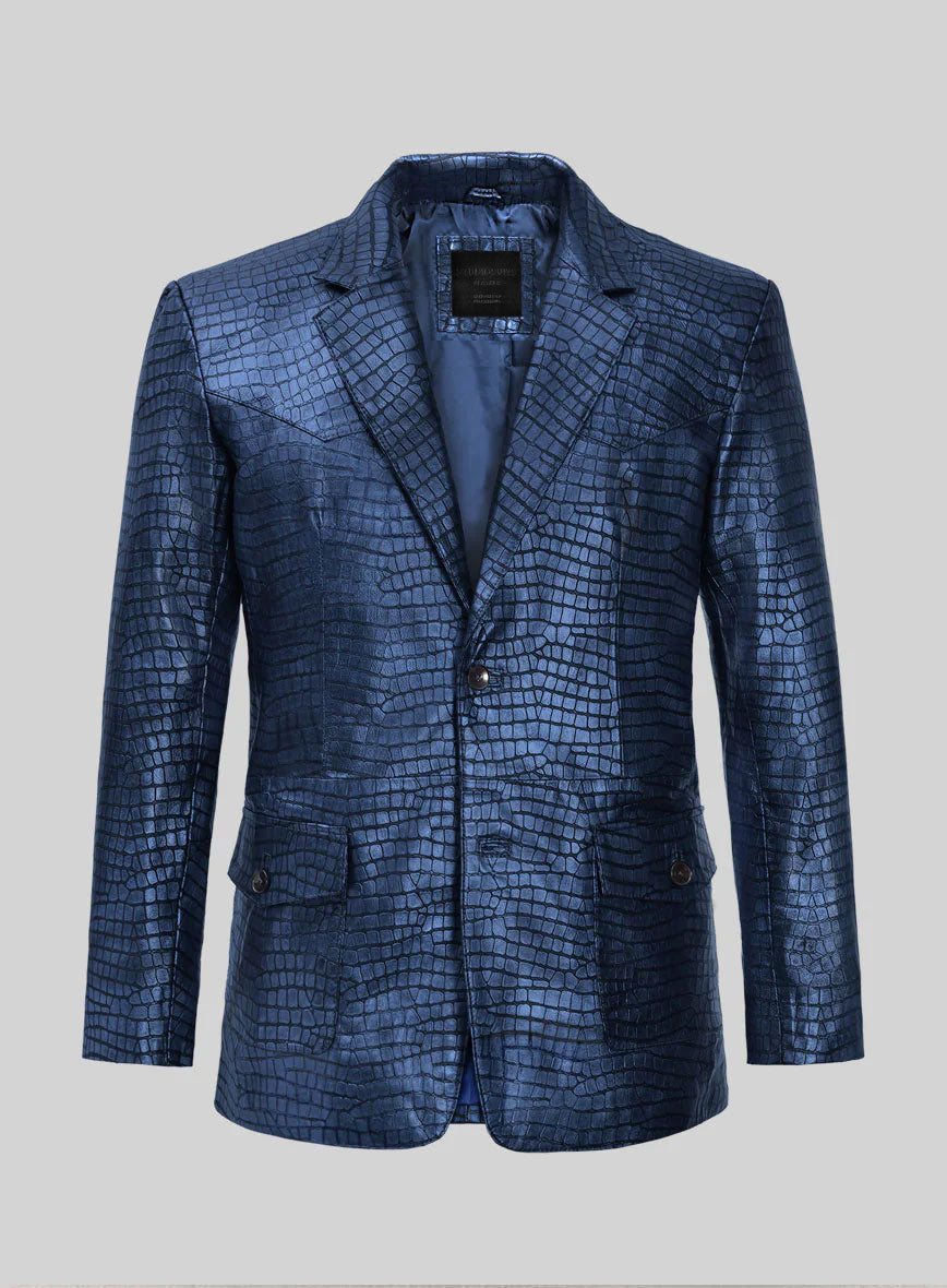Croc Metallic Blue Western Leather Blazer - StudioSuits