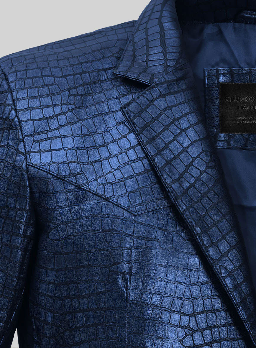 Croc Metallic Blue Western Leather Blazer - StudioSuits