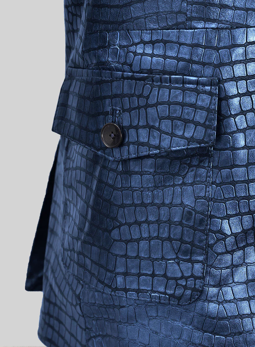 Croc Metallic Blue Western Leather Blazer - StudioSuits