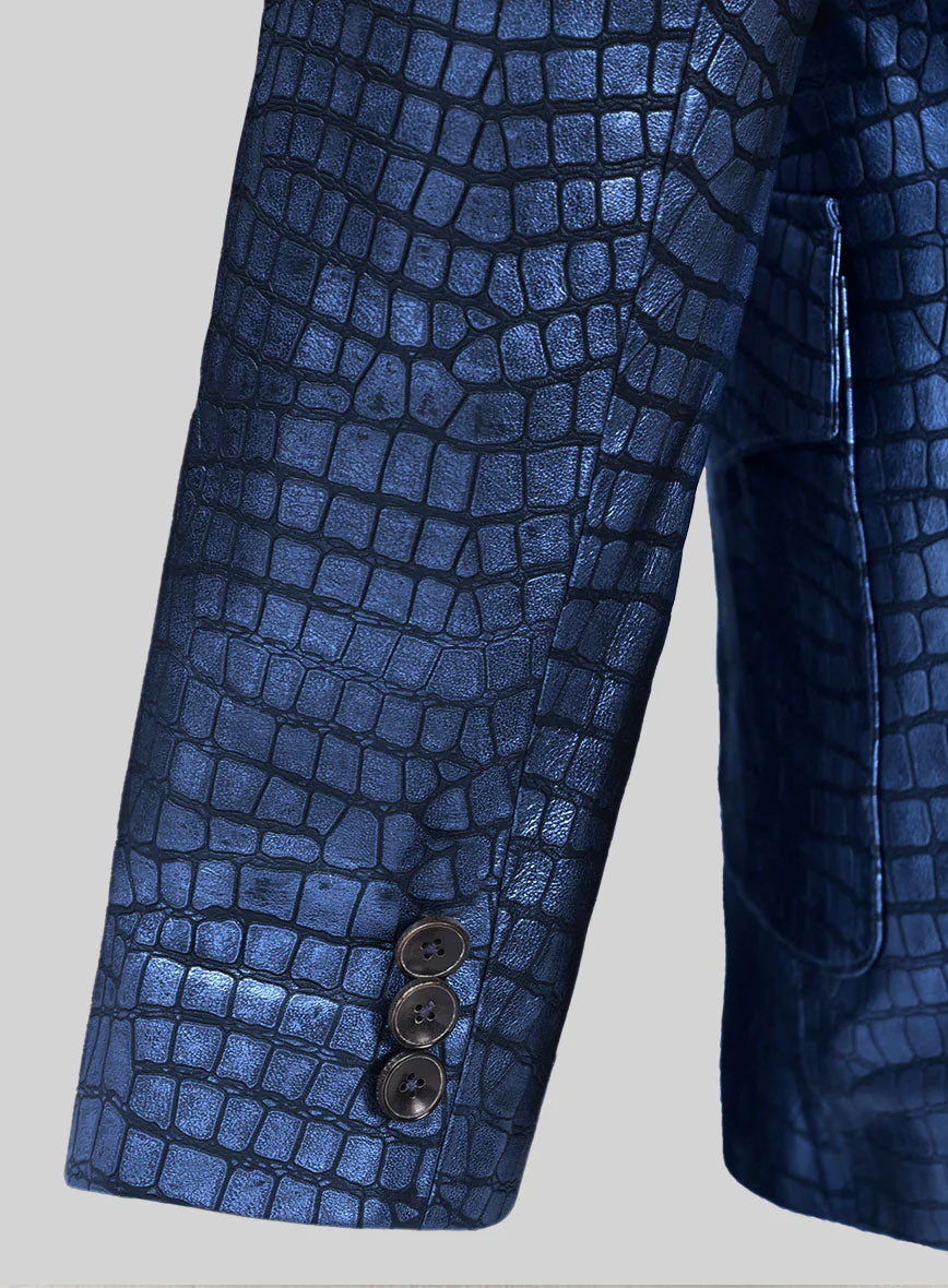 Croc Metallic Blue Western Leather Blazer - StudioSuits