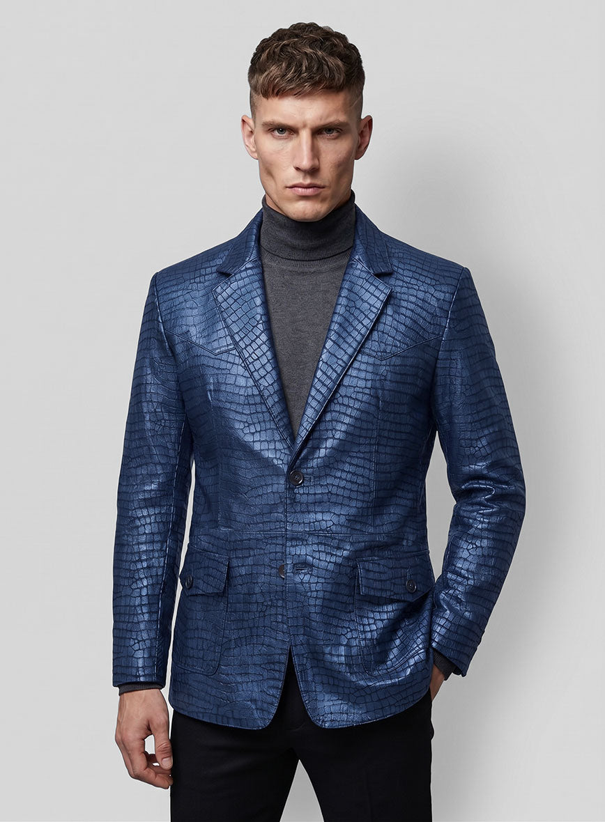 Croc Metallic Blue Western Leather Blazer - StudioSuits