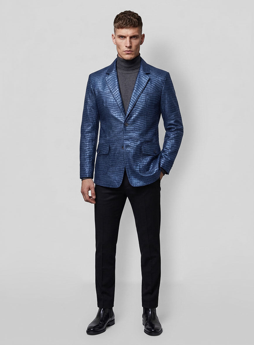 Croc Metallic Blue Western Leather Blazer - StudioSuits