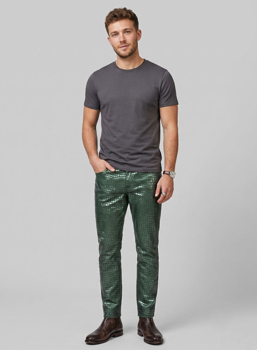 Croc Metallic Green Leather Jeans - StudioSuits