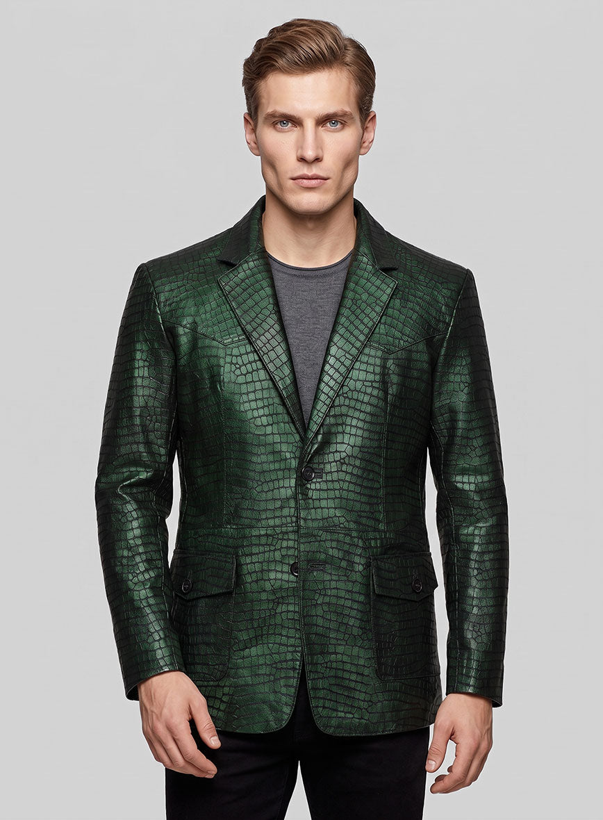 Croc Metallic Green Western Leather Blazer - StudioSuits
