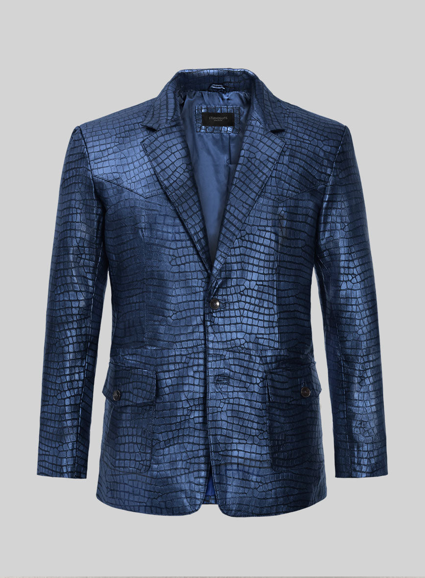 Croc Metallic Blue Western Leather Blazer - StudioSuits