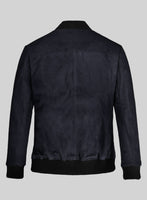 Dark Blue Suede Bomber Jacket - StudioSuits