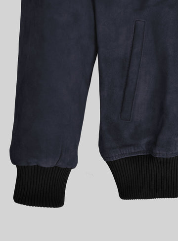 Dark Blue Suede Bomber Jacket - StudioSuits