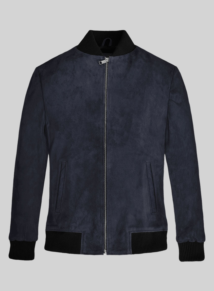 Dark Blue Suede Bomber Jacket - StudioSuits