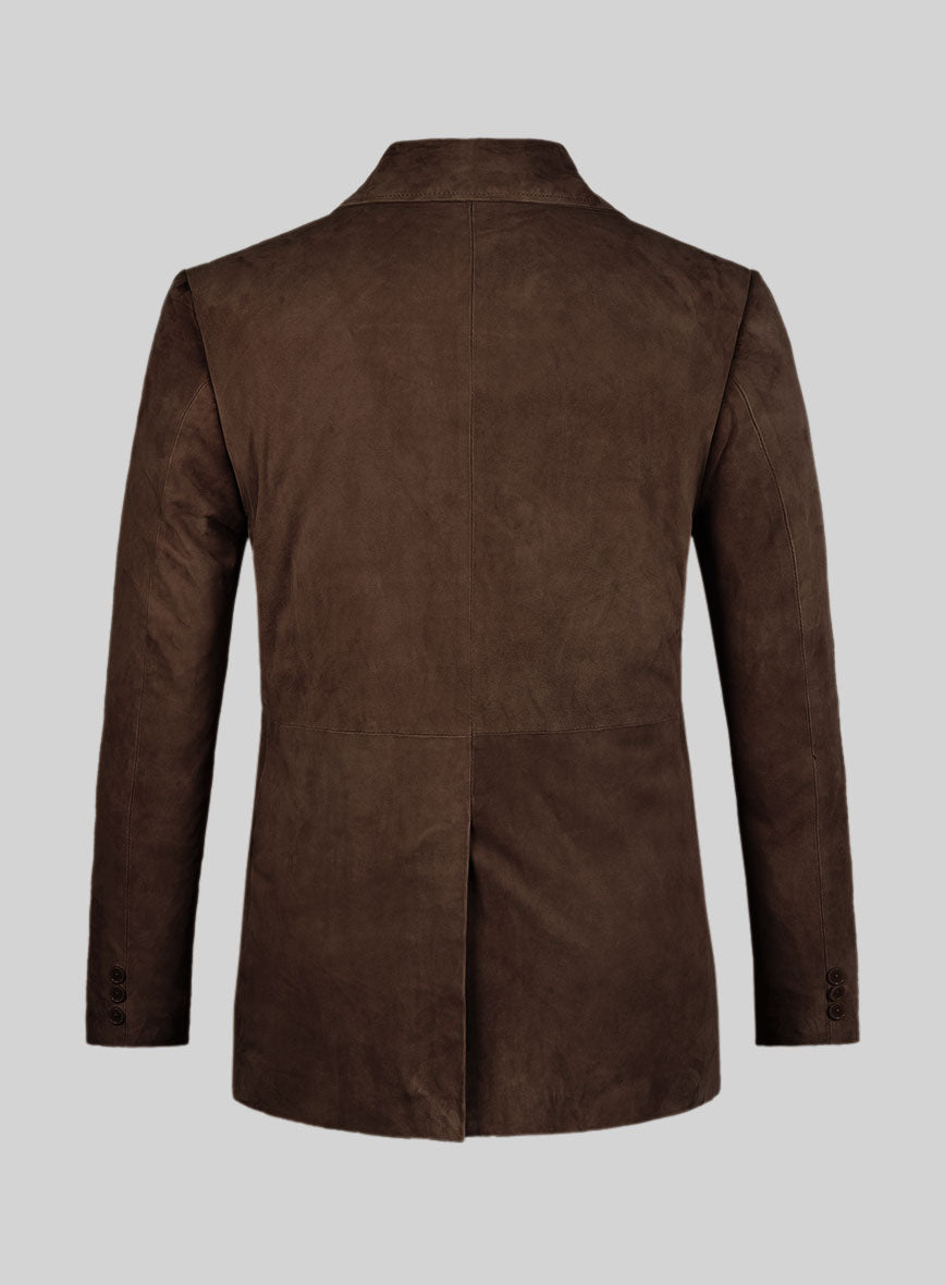 Dark Brown Suede Leather Pea Coat - StudioSuits