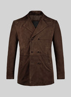 Dark Brown Suede Leather Pea Coat - StudioSuits