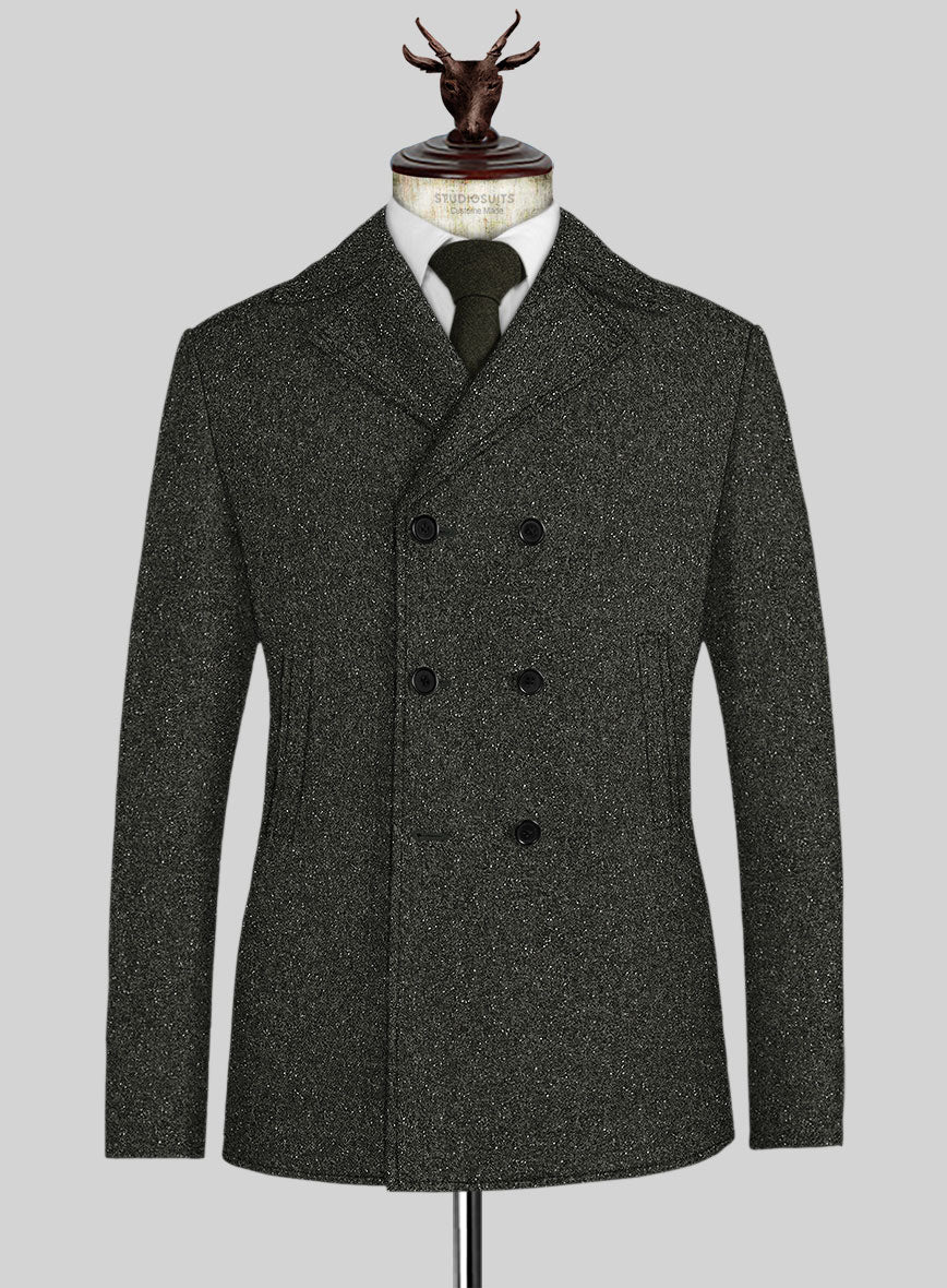 Dark Olive Flecks Donegal Tweed Pea Coat - StudioSuits