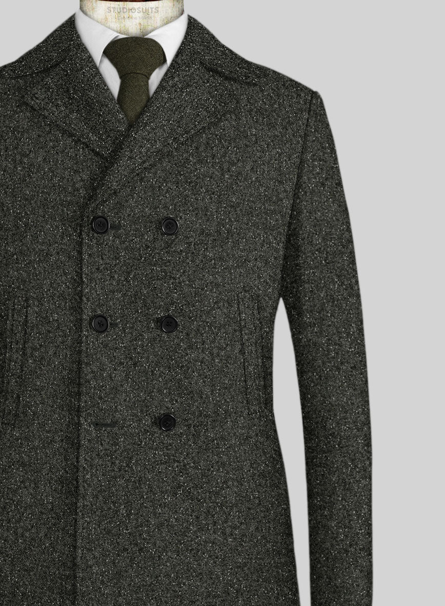 Dark Olive Flecks Donegal Tweed Pea Coat - StudioSuits