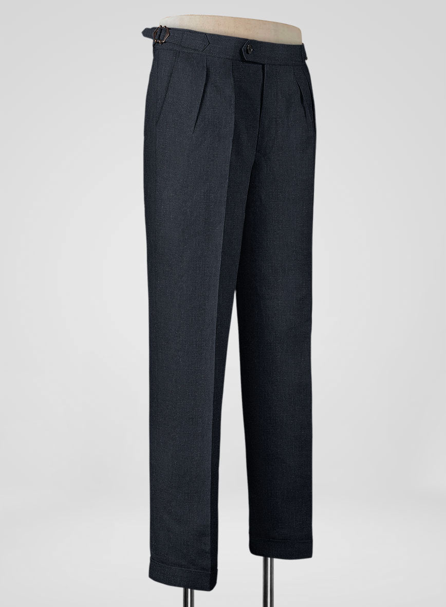 Dark Blue Pure Linen Highland Trousers - StudioSuits