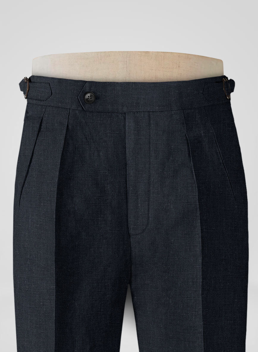 Dark Blue Pure Linen Highland Trousers - StudioSuits