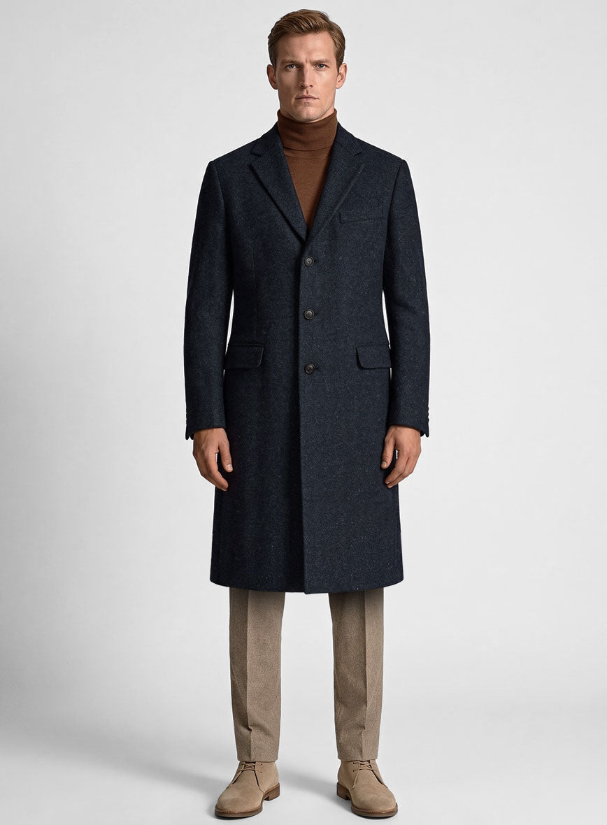 Deep Blue Herringbone Tweed Overcoat - StudioSuits