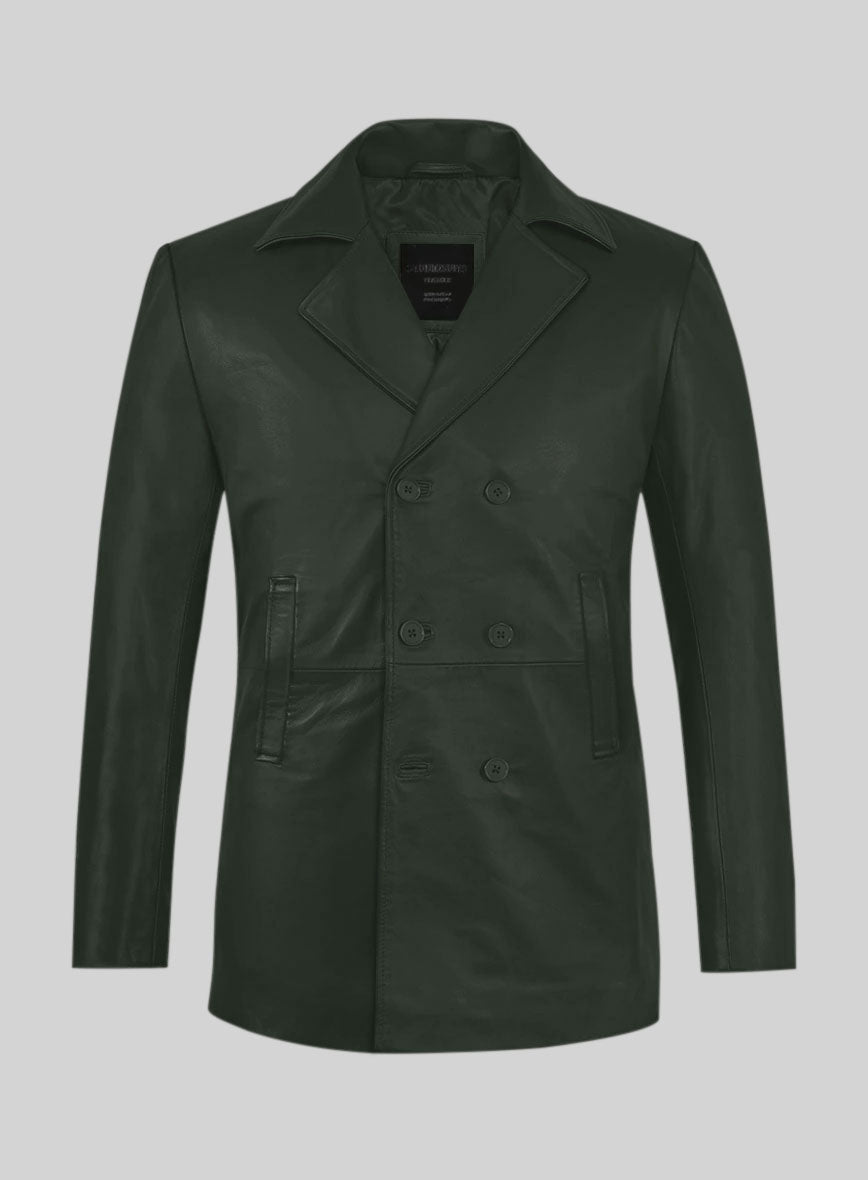 Deep Olive Lambskin Leather Pea Coat - StudioSuits