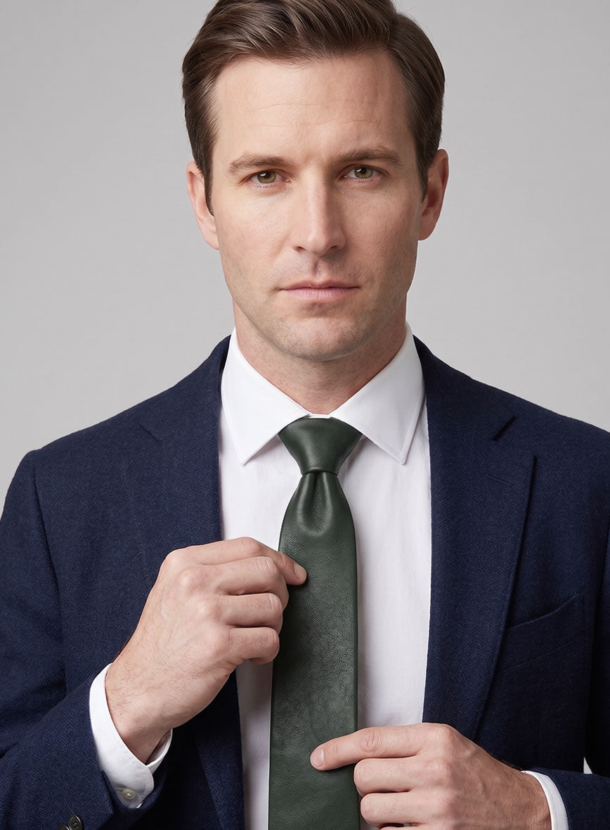 Deep Olive Lambskin Leather Tie - StudioSuits
