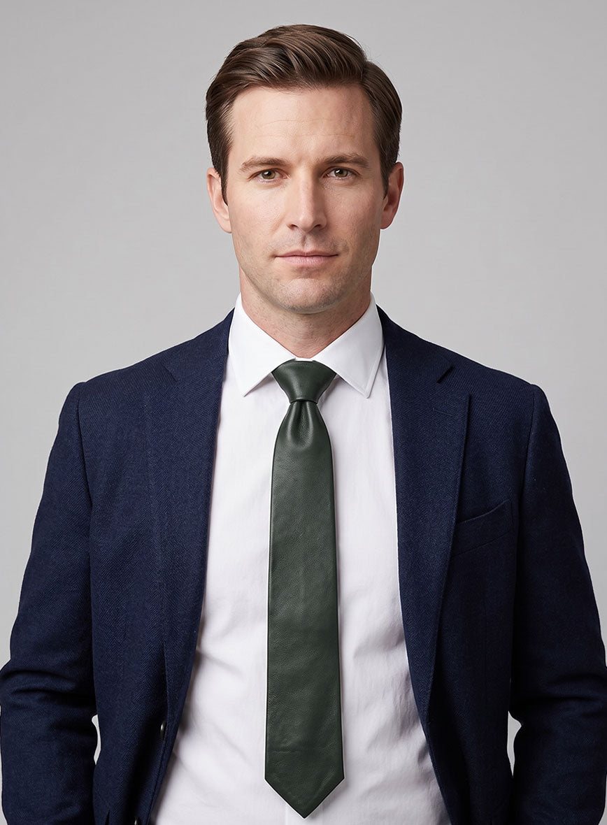 Deep Olive Lambskin Leather Tie - StudioSuits