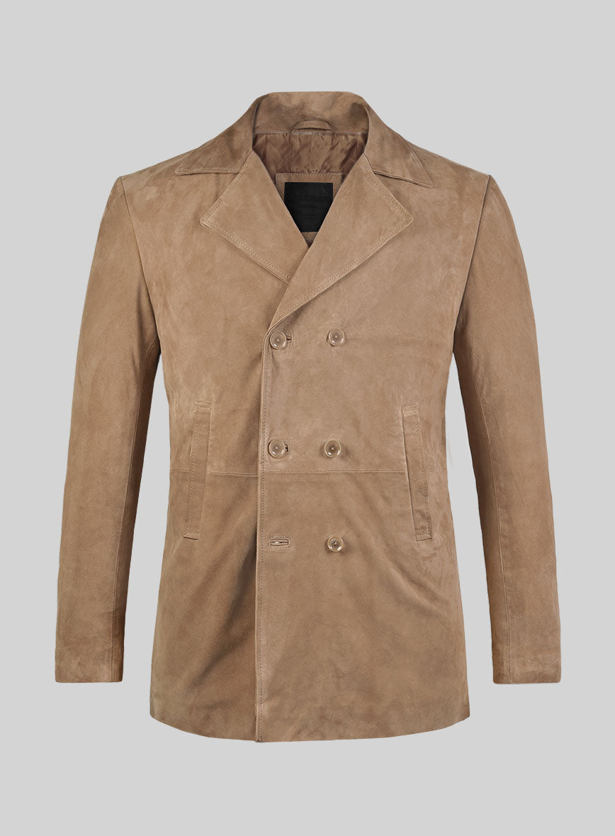 Dusty Beige Suede Leather Pea Coat - StudioSuits