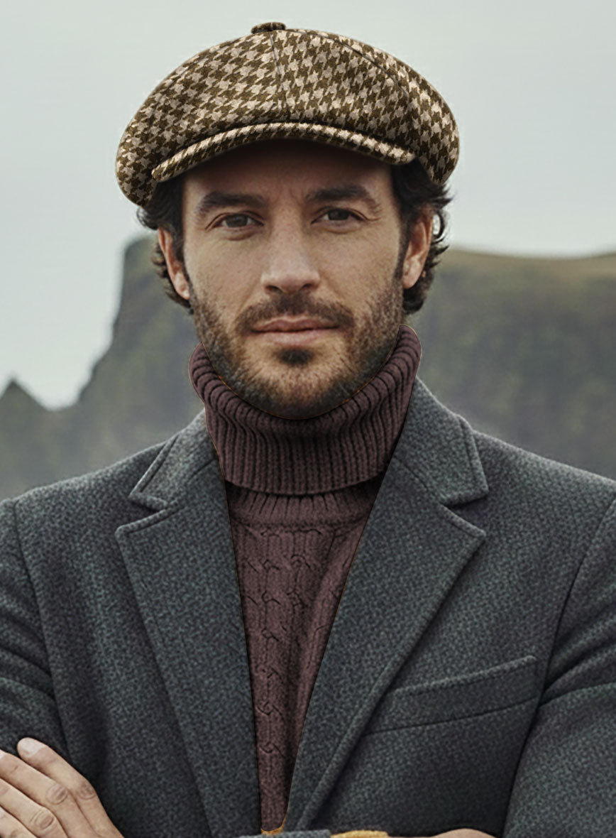 Earth Brown Houndstooth Tweed Newsboy Cap - StudioSuits