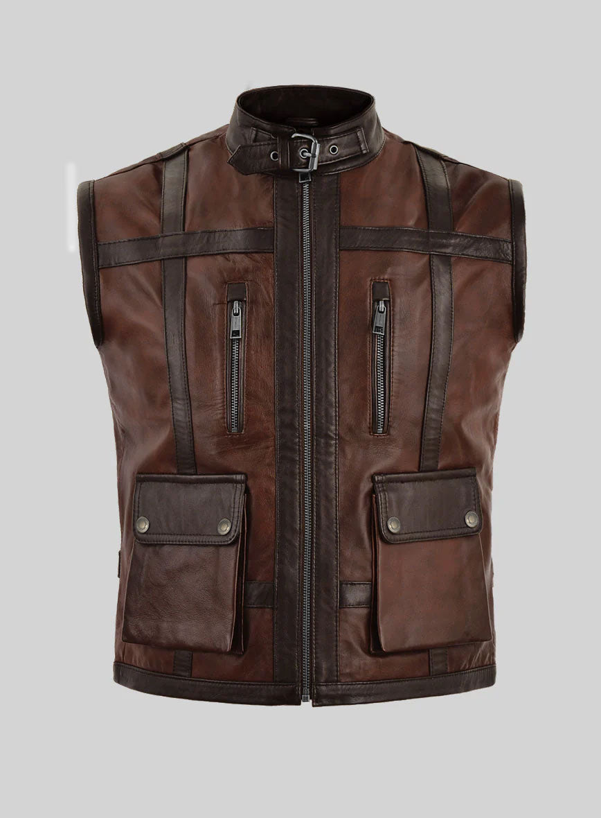 Elite Spanish Brown Moto Leather Vest - StudioSuits
