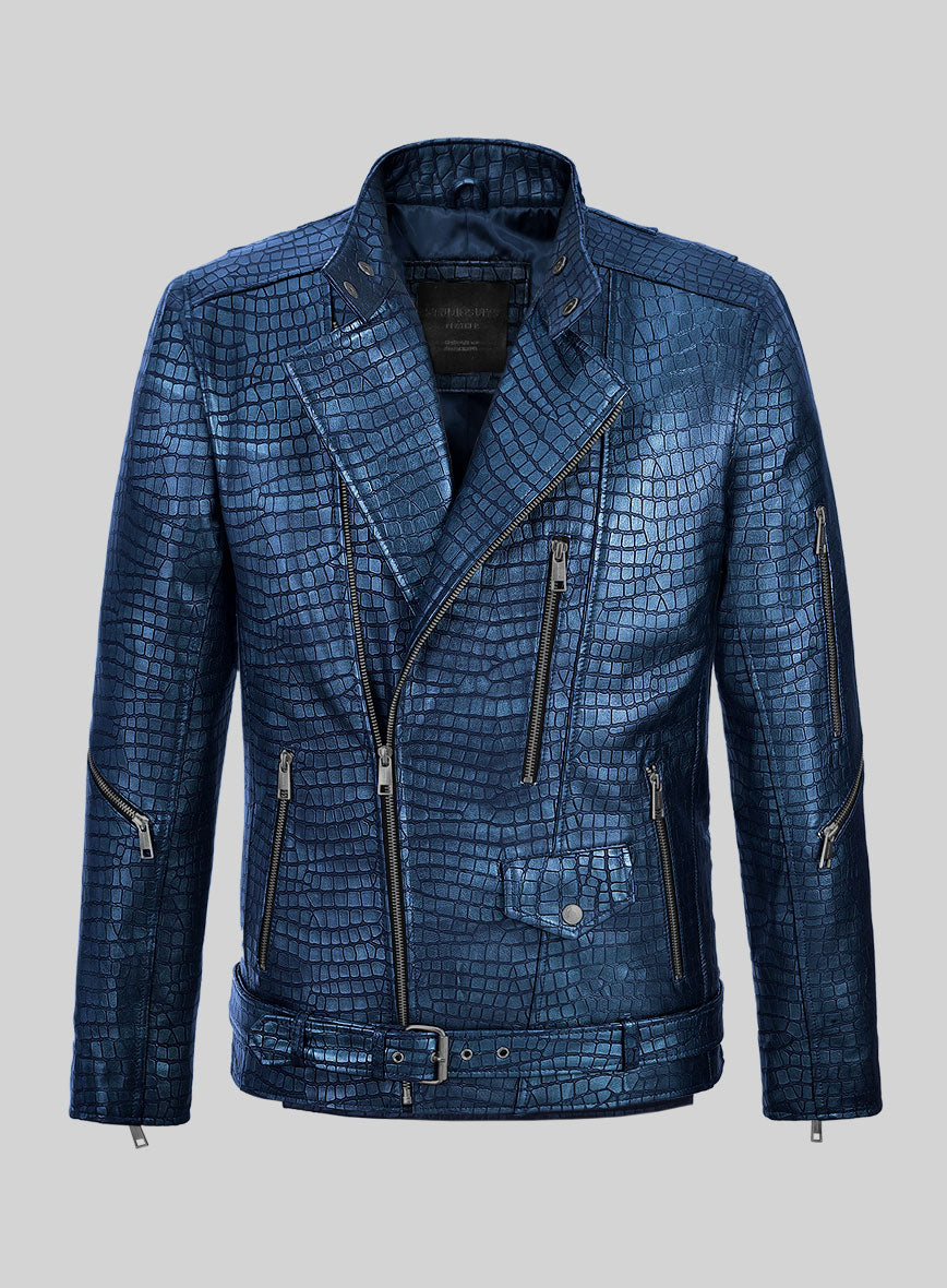 Enigmatic Croc Metallic Blue Leather Jacket - StudioSuits