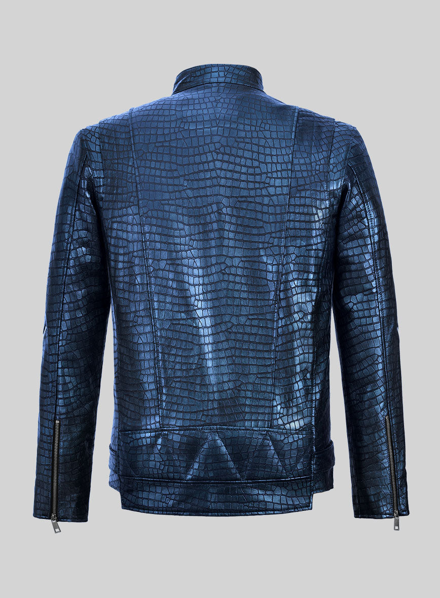 Enigmatic Croc Metallic Blue Leather Jacket - StudioSuits