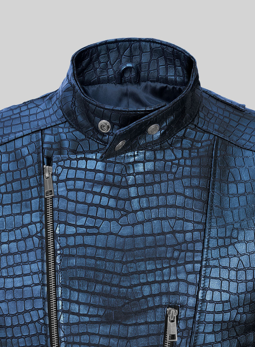 Enigmatic Croc Metallic Blue Leather Jacket - StudioSuits