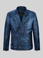 Enigmatic Croc Metallic Blue Leather Jacket - StudioSuits