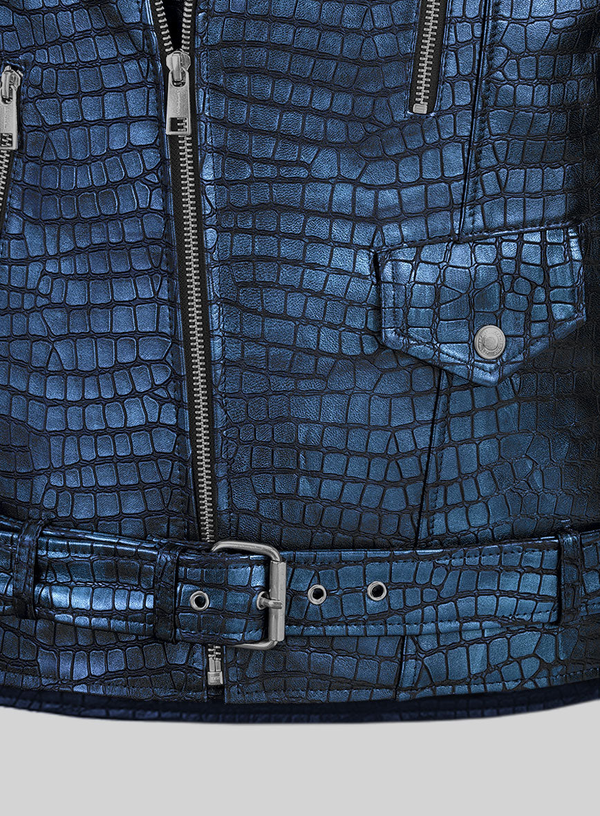 Enigmatic Croc Metallic Blue Leather Jacket - StudioSuits