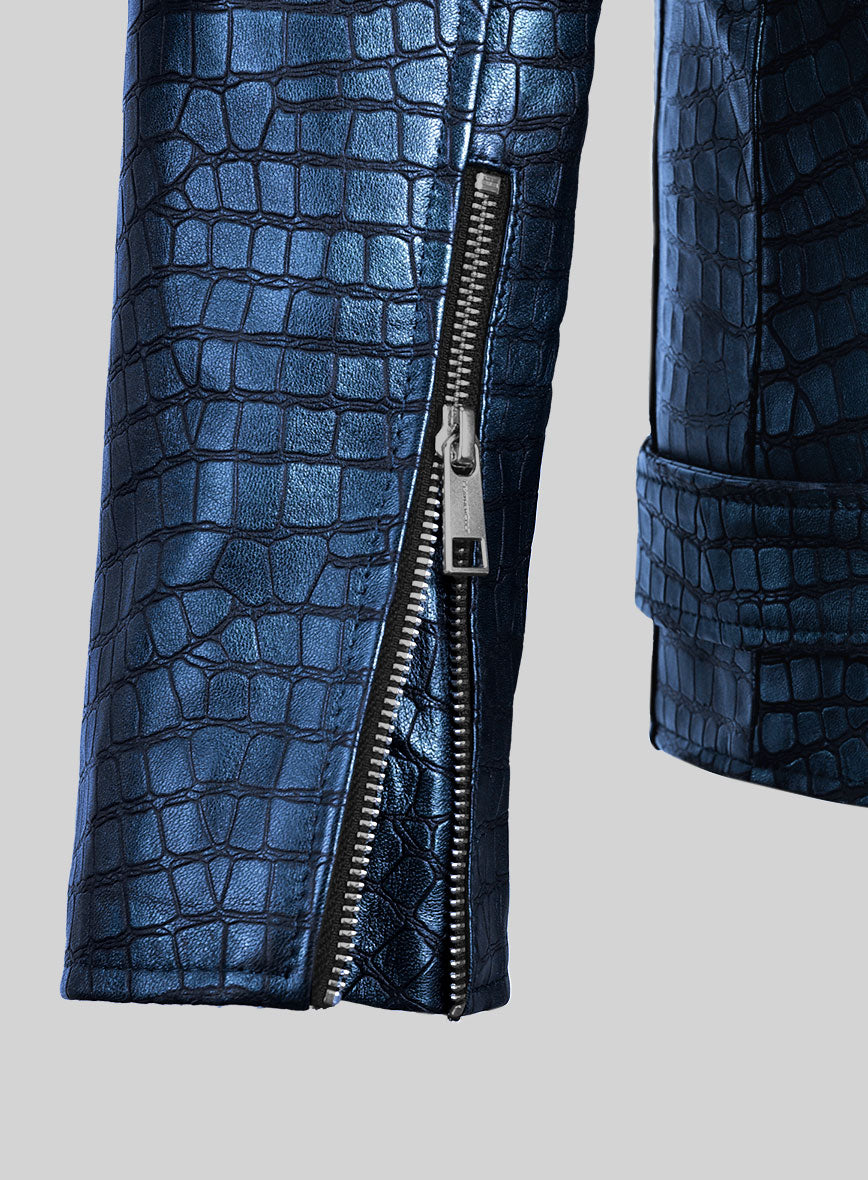 Enigmatic Croc Metallic Blue Leather Jacket - StudioSuits