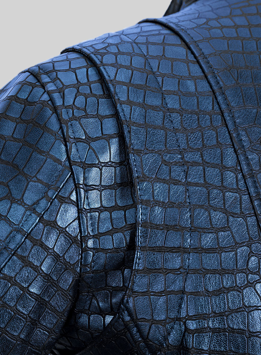Enigmatic Croc Metallic Blue Leather Jacket - StudioSuits