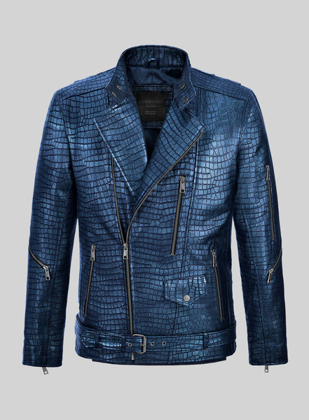 Enigmatic Croc Metallic Blue Leather Jacket – StudioSuits
