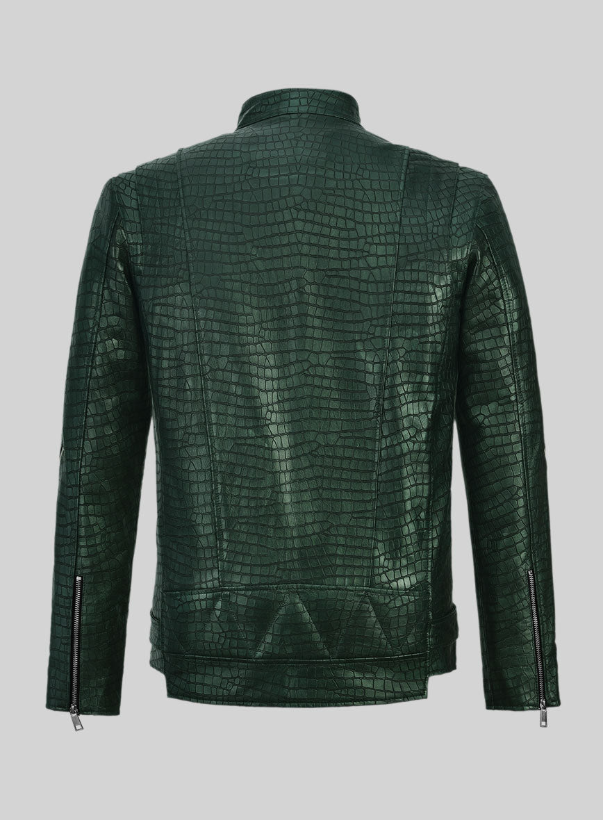 Enigmatic Croc Metallic Green Leather Jacket - StudioSuits