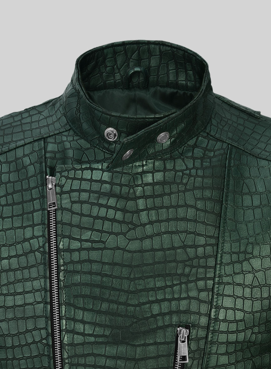 Enigmatic Croc Metallic Green Leather Jacket - StudioSuits