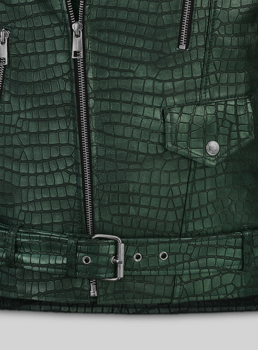 Enigmatic Croc Metallic Green Leather Jacket - StudioSuits