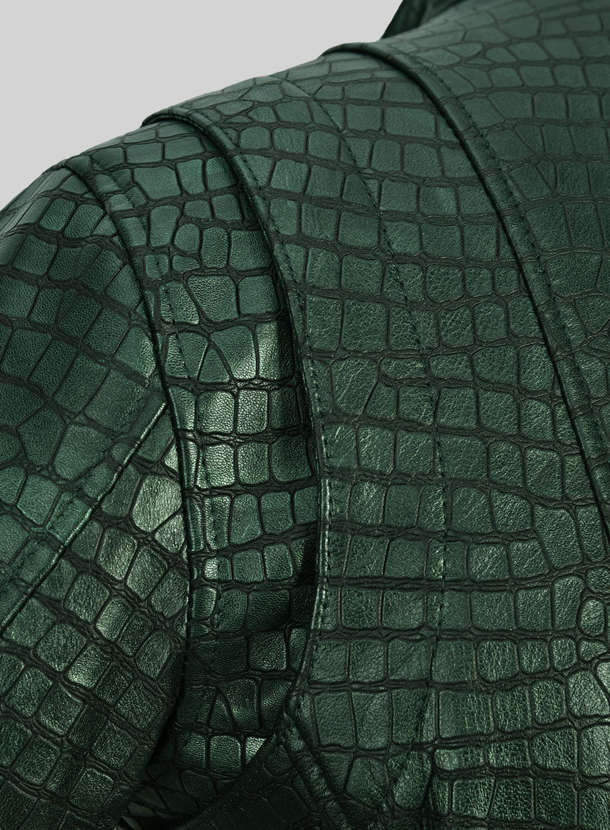 Enigmatic Croc Metallic Green Leather Jacket - StudioSuits