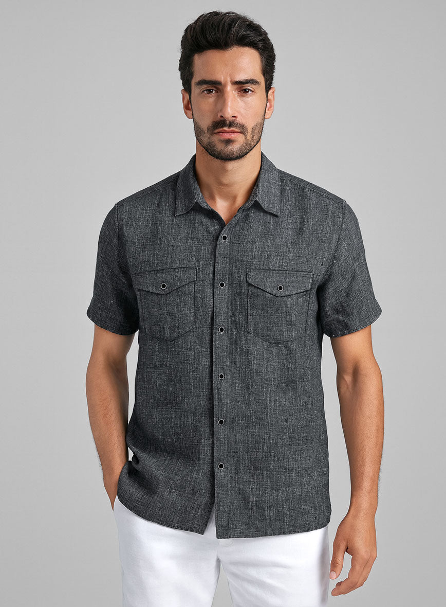 European Ash Gray Linen Western Style Shirt - StudioSuits