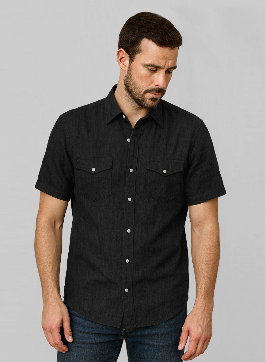 European Black Linen Western Style Shirt - StudioSuits