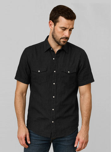 European Black Linen Western Style Shirt - StudioSuits