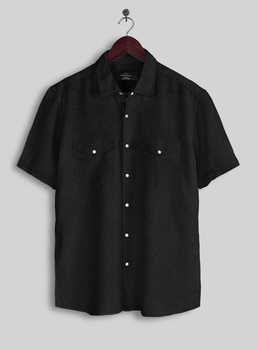 European Black Linen Western Style Shirt - StudioSuits