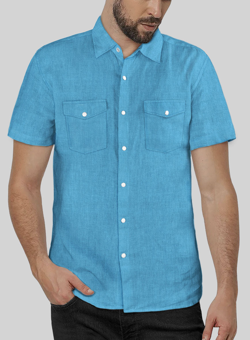 European Blue Linen Western Style Shirt - StudioSuits