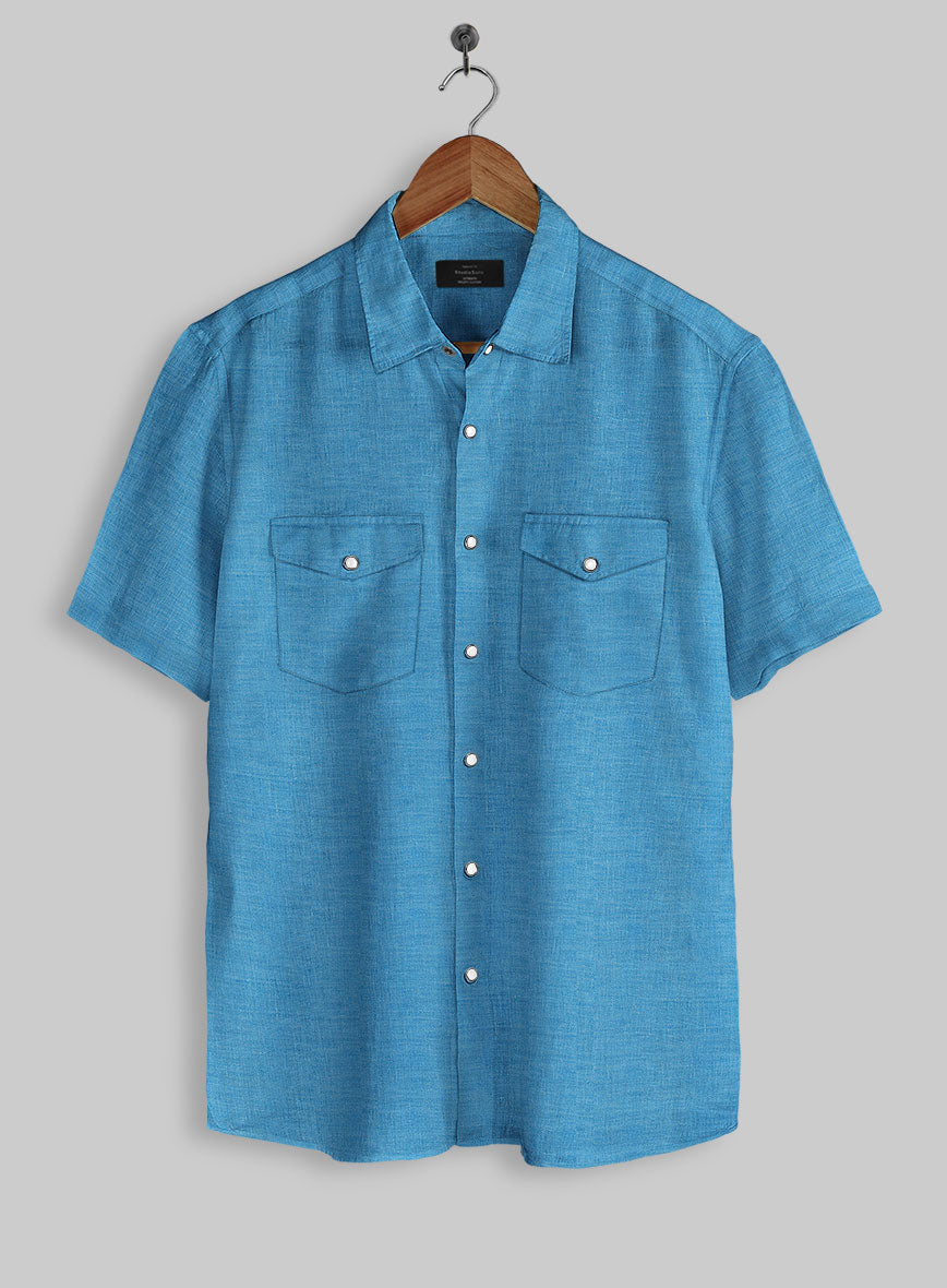 European Blue Linen Western Style Shirt - StudioSuits