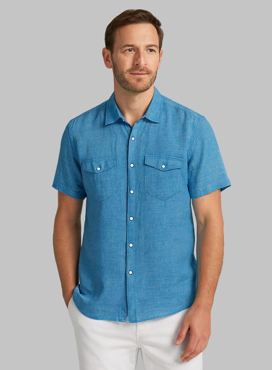 European Blue Linen Western Style Shirt - StudioSuits