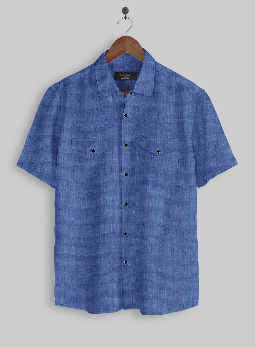 European Cruise Blue Linen Western Style Shirt - StudioSuits